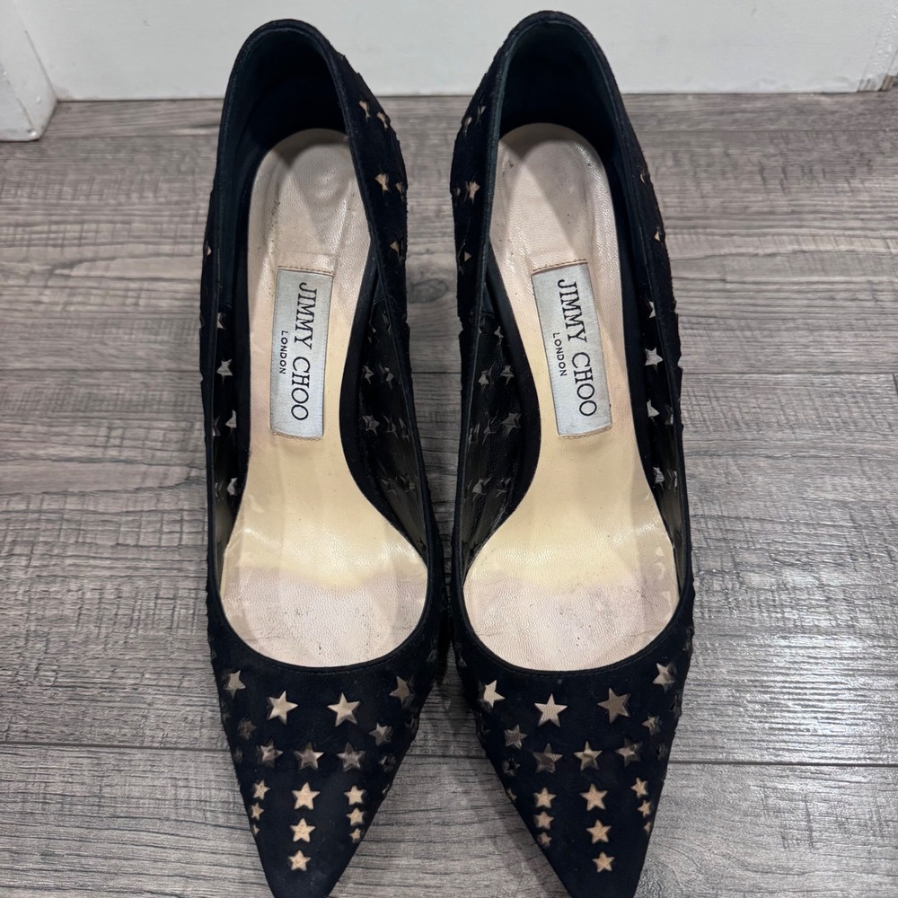 Jimmy Choo Black Suede Star Laser Cut Pointed Toe Pumps Heels Size 37.5